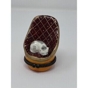Sleeping Cat Kitten in Chair Trinket Jewelry Box 3” Red Orange